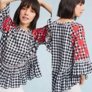 Anthropologie Pankaj Nidhi Gingham Embroidered Top